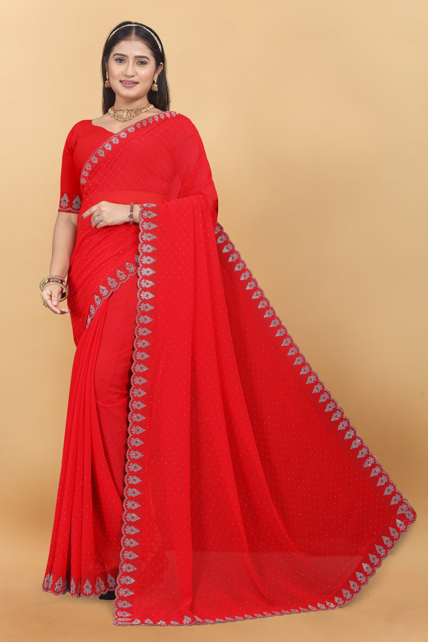 Georgette Blooming With Siroski Work & Border Saree