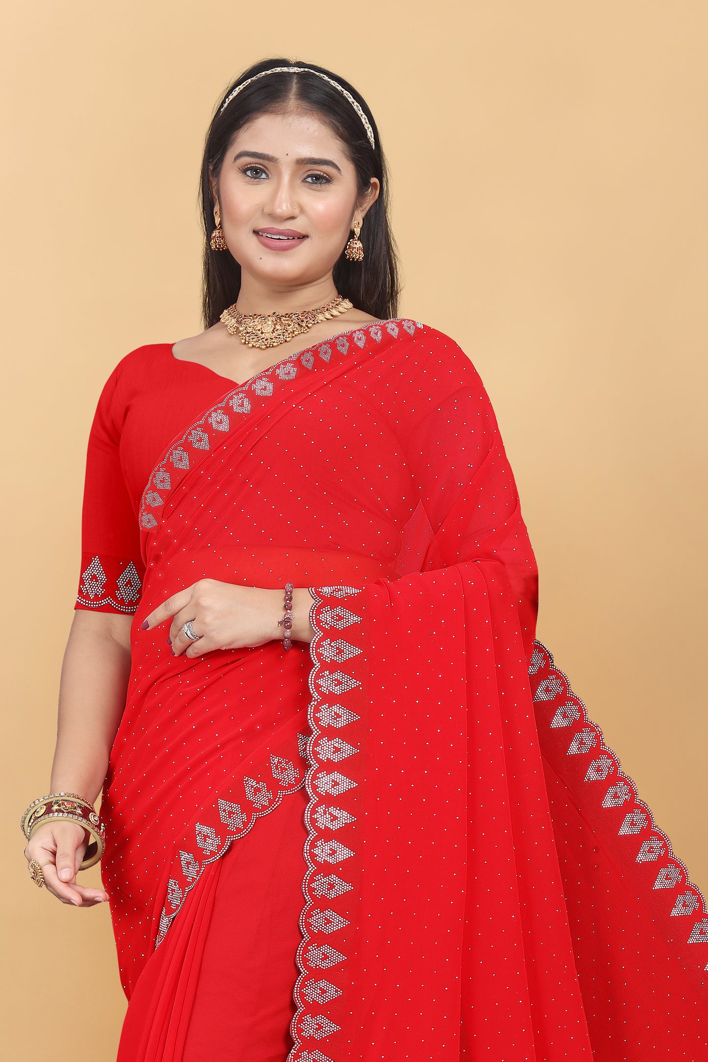 Georgette Blooming With Siroski Work & Border Saree