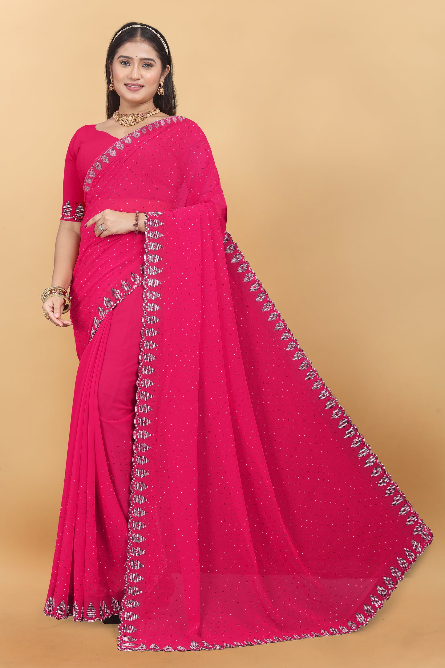 Georgette Blooming With Siroski Work & Border Saree