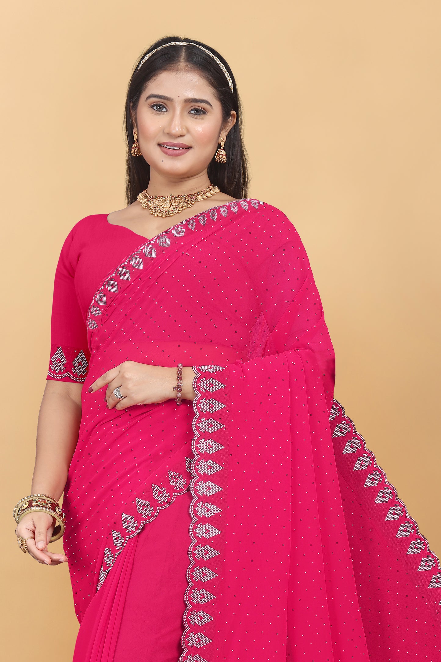 Georgette Blooming With Siroski Work & Border Saree