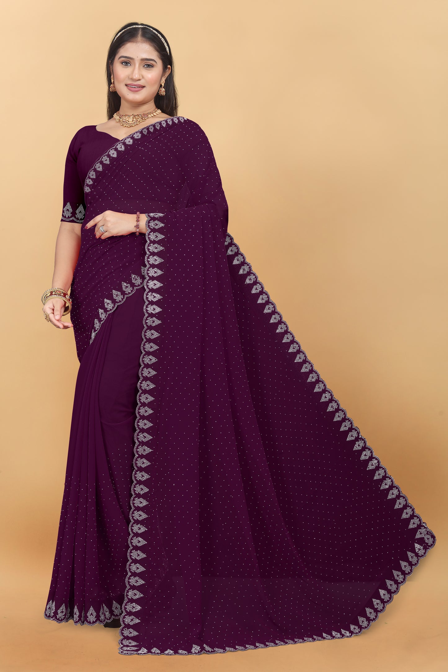 Georgette Blooming With Siroski Work & Border Saree
