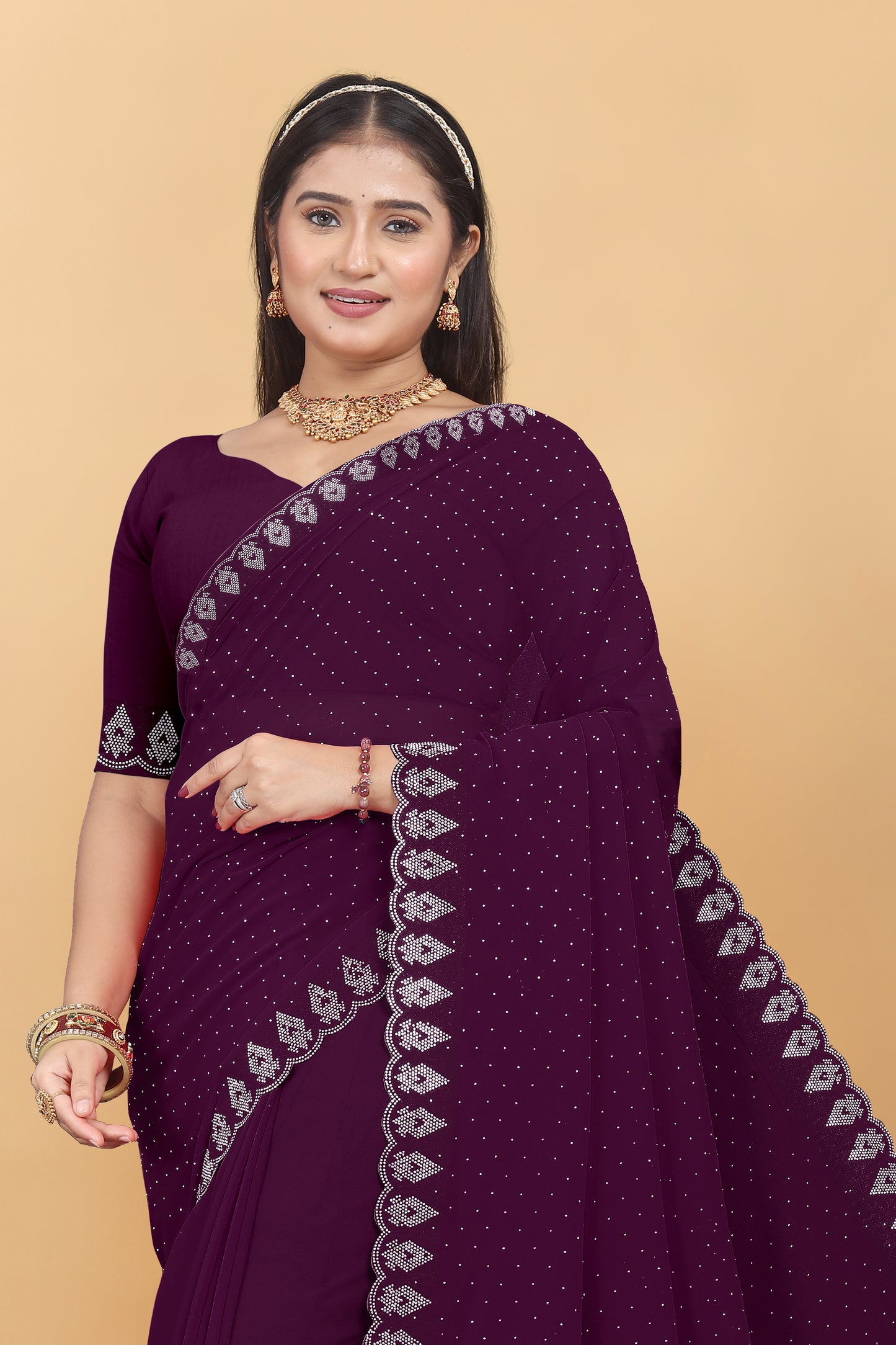 Georgette Blooming With Siroski Work & Border Saree