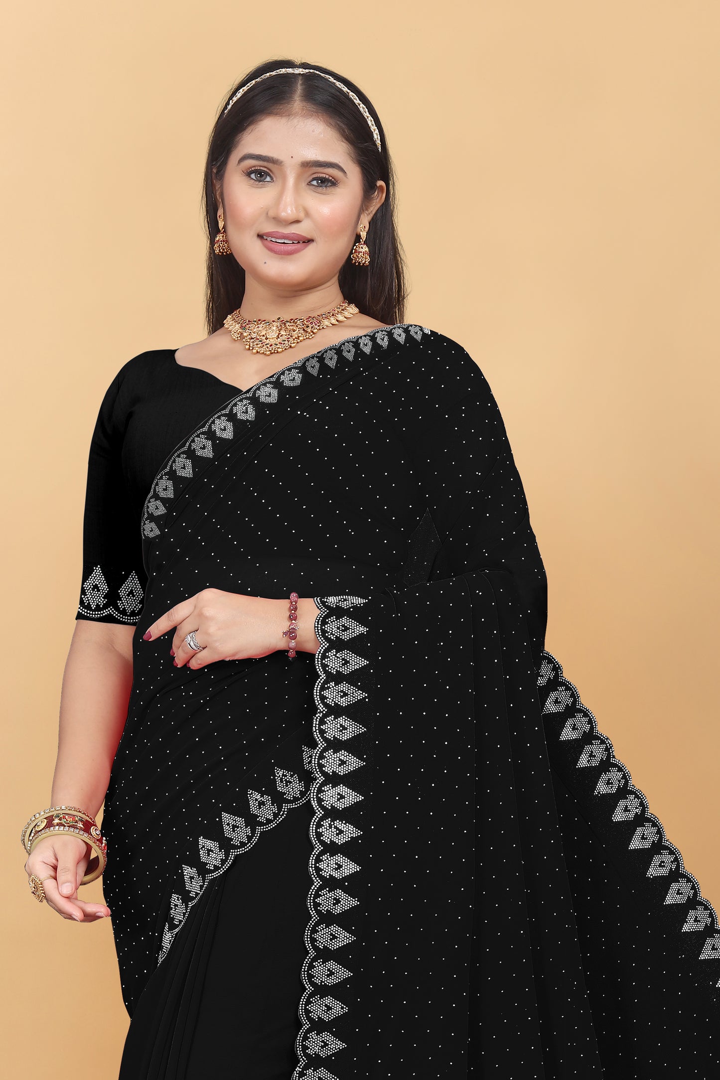 Georgette Blooming With Siroski Work & Border Saree