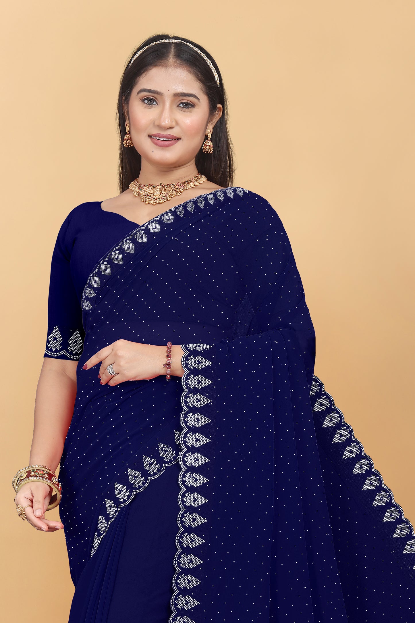 Georgette Blooming With Siroski Work & Border Saree