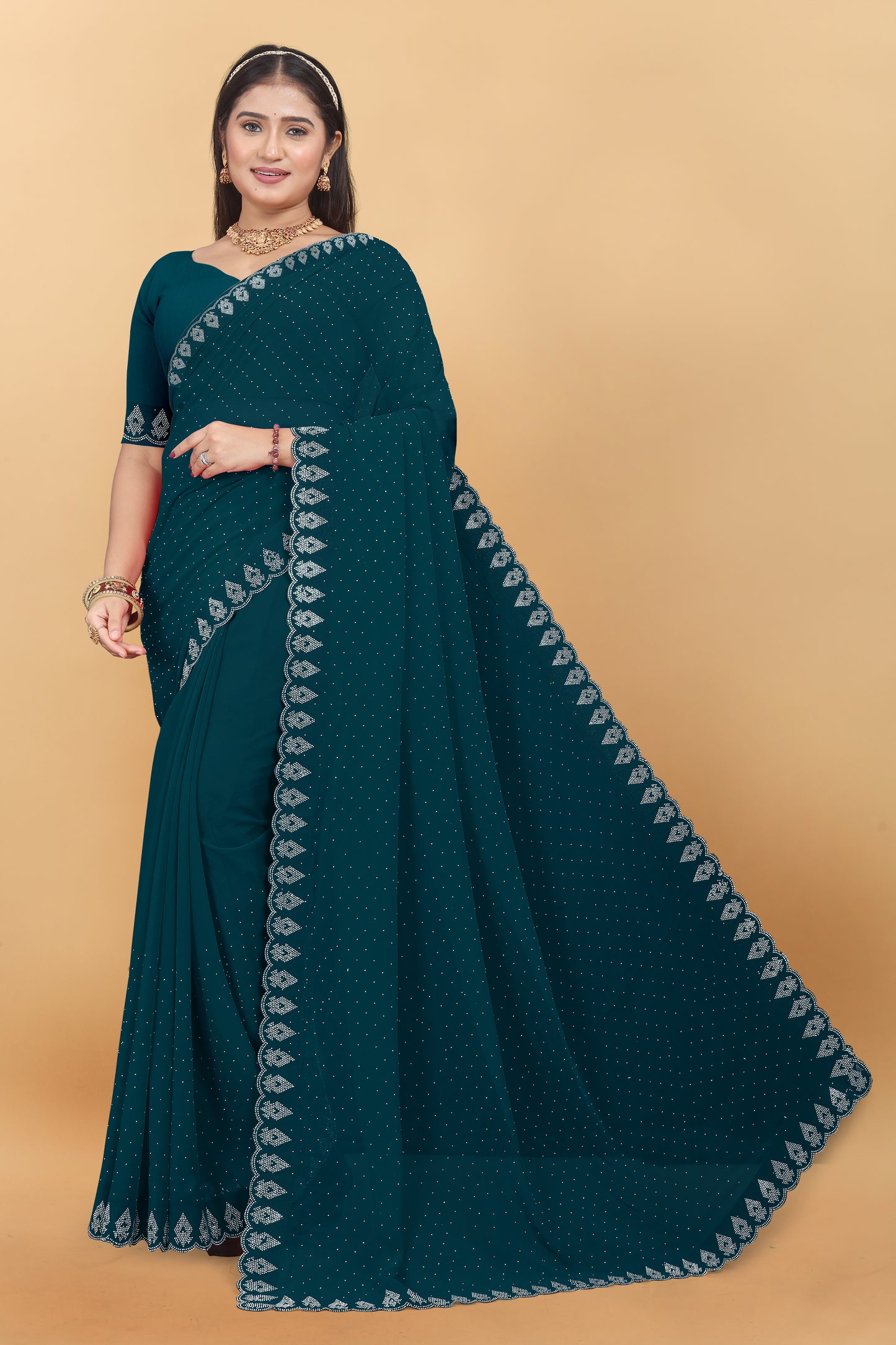 Georgette Blooming With Siroski Work & Border Saree
