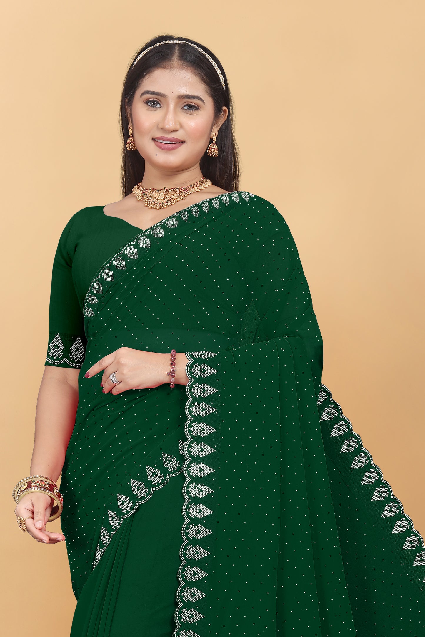 Georgette Blooming With Siroski Work & Border Saree