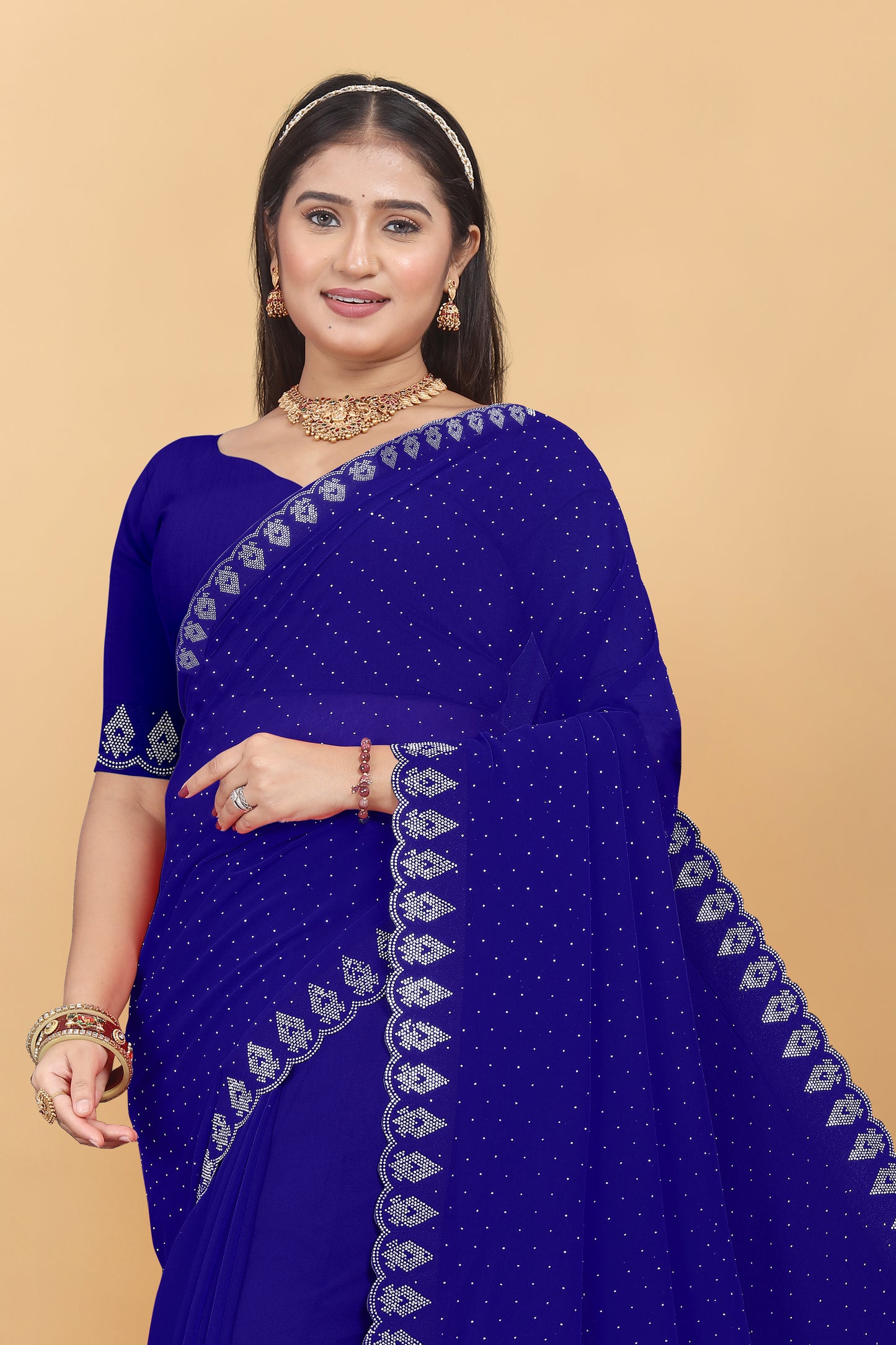 Georgette Blooming With Siroski Work & Border Saree