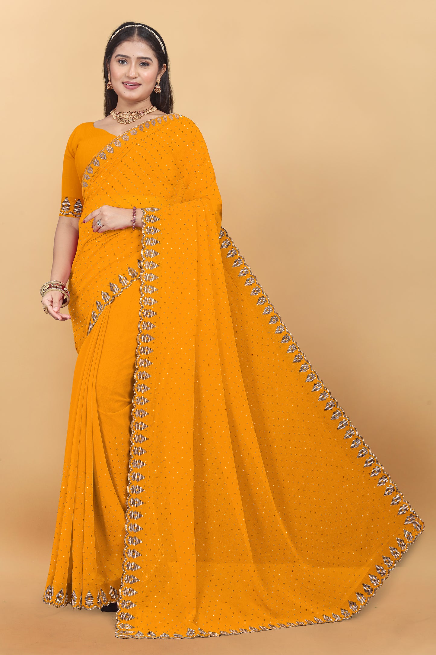 Georgette Blooming With Siroski Work & Border Saree