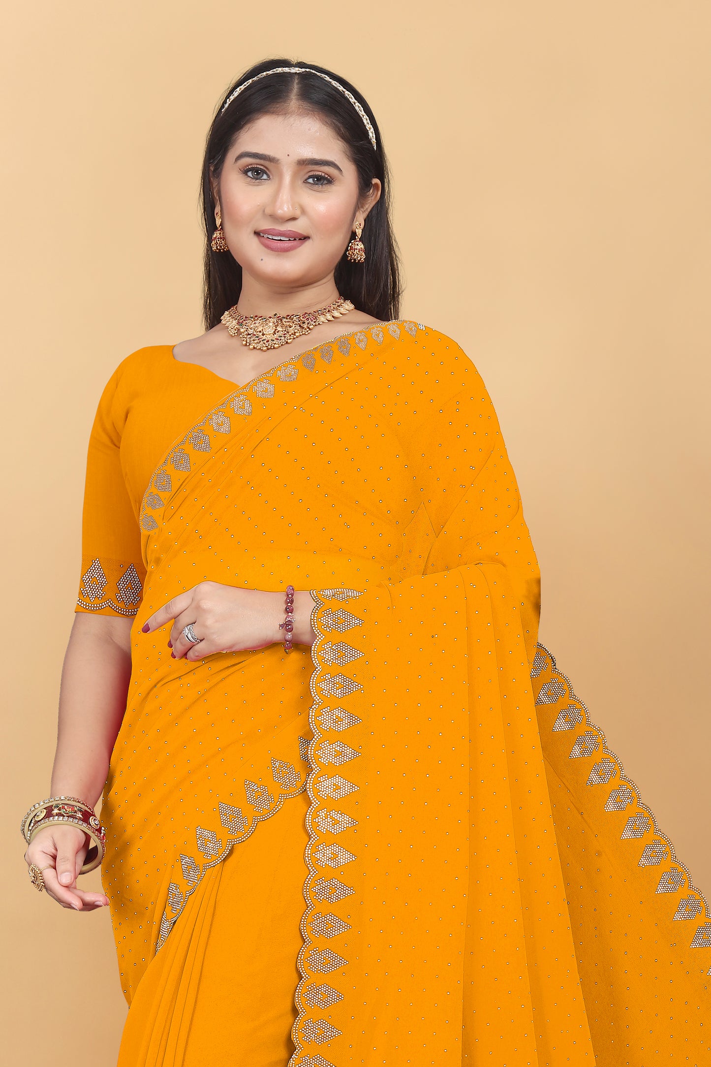 Georgette Blooming With Siroski Work & Border Saree