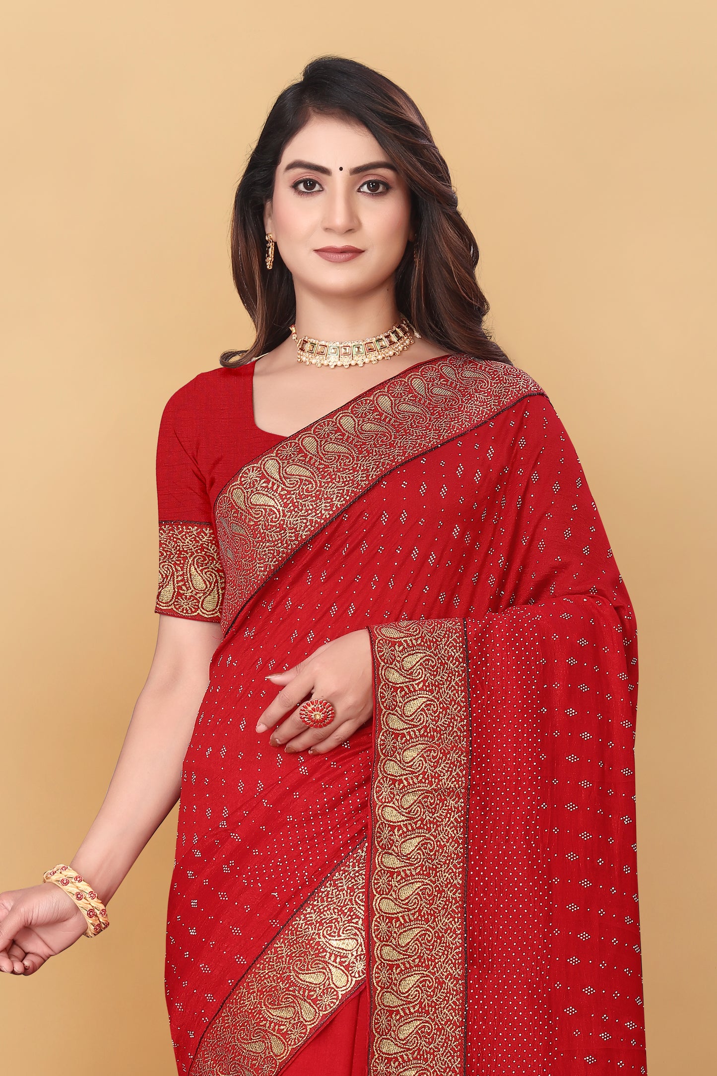 Vichitra Pure Blooming With Siroski Work & Lace Border Saree