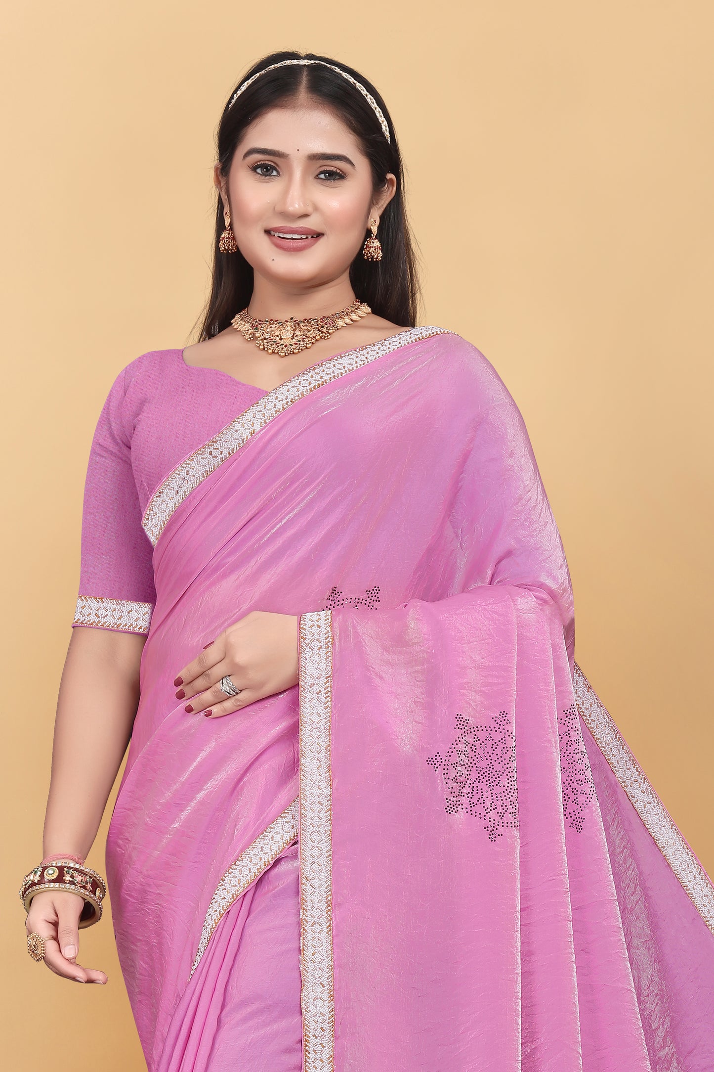 Fendi Silk Designer Saree With Siroski Work & Hand Work Lace Border Saree